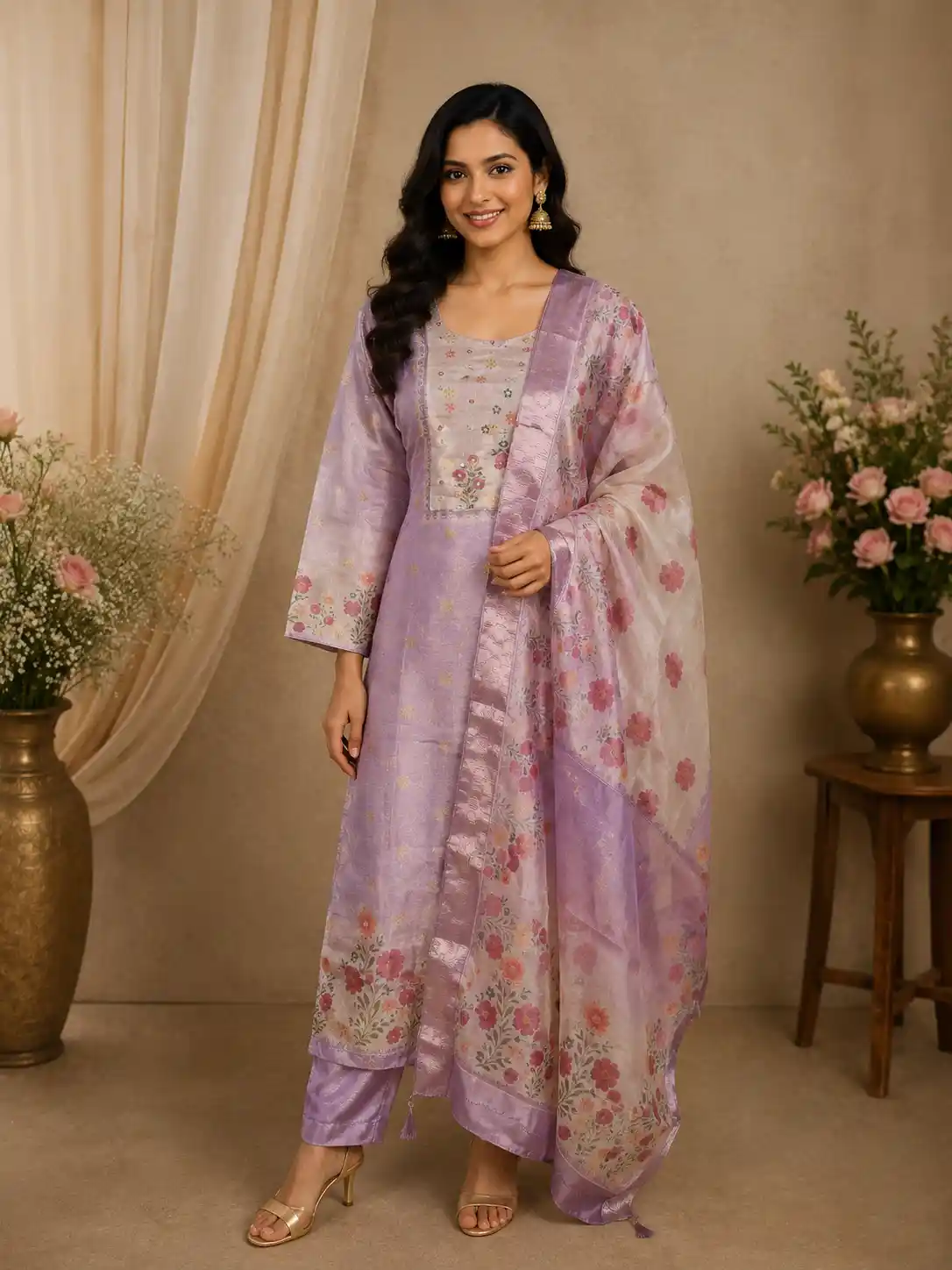 Lavender Floral Thread Embroidered Design Tissue Straight Cut Salwar Suit